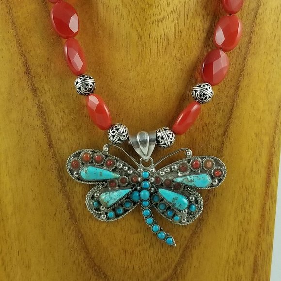 Tibetan Turquoise & Carnelian Butterfly Necklace - Picture 2 of 5